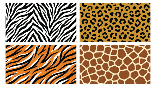 Colorful set of four wild animal skin seamless vector patterns showing zebra stripes and leopard spots and tiger fur textures