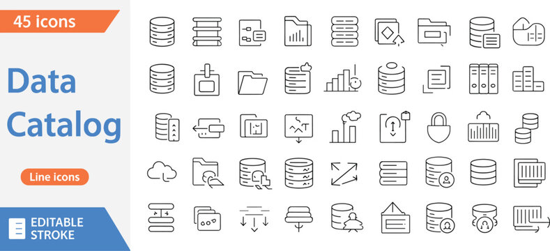 Set of forty-five data catalog line icons, databases, folders, charts, cloud storage, security, and analytics symbols for digital design