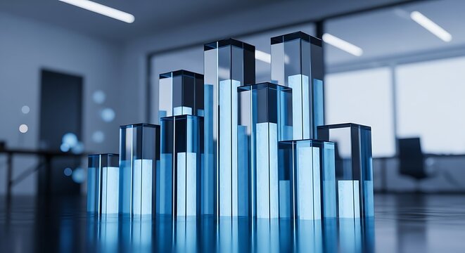 Crystal bar graph displays upward growth on a reflective surface within a corporate environment. The image features shallow depth of field and blue tones. Ideal for data analysis presentations.