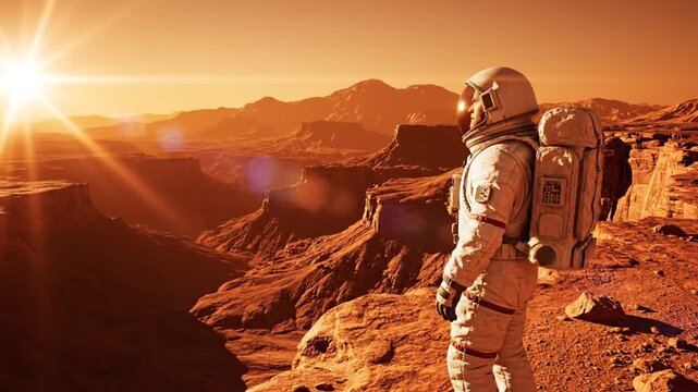 Astronaut on Mars cliff.