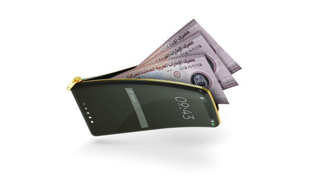 A modern smartphone with a gold zipper functions as a physical wallet, with UAE dirham banknotes emerging from the top. A perfect metaphor for fintech, digital currency, and mobile banking in Dubai.