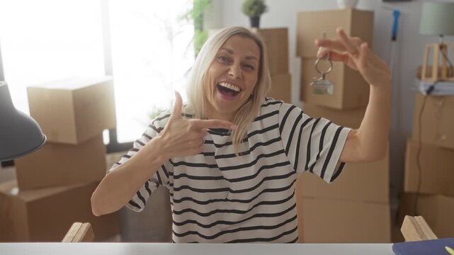 Woman holding house keys and points finger at key amid stacked moving boxes in a building, smiling broadly and showing hand gesture; joy new home.