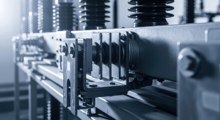 Naklejka premium Close-up view of industrial electrical equipment with metal components and coils in a factory setting.