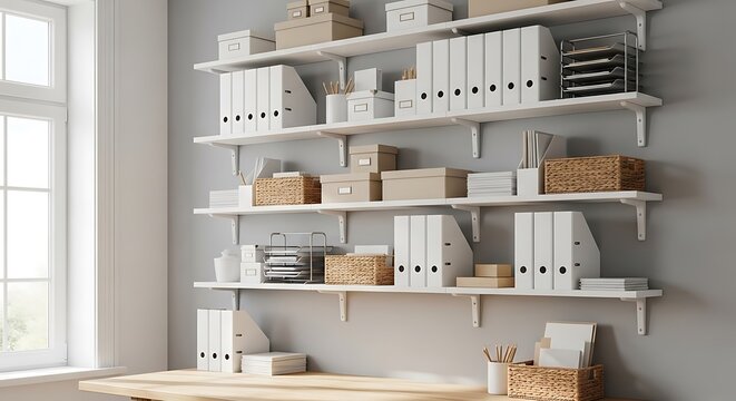 White office binders and storage boxes neatly arranged on wall shelves in a sunlit room. Minimalist aesthetic with natural lighting. Ideal for professional organization and furniture marketing.