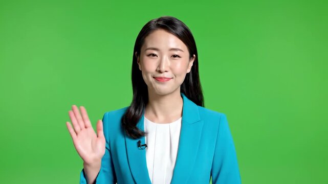A young Asian businesswoman in a blue blazer waves her hand in a no gesture against a green background, conveying a sense of refusal or rejection.