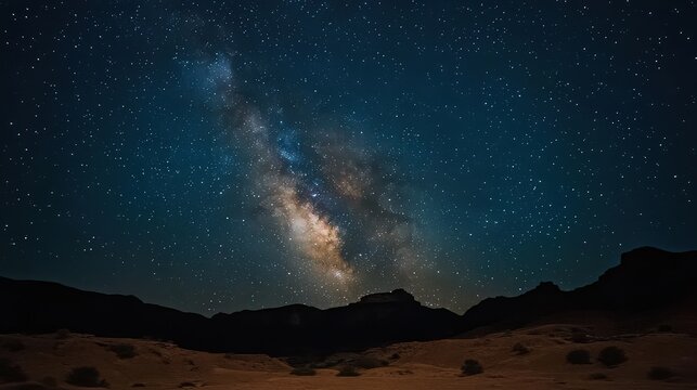 A breathtaking wide shot of the vibrant Milky Way galaxy streaking across a dark, star-filled night sky above the silhouetted hills and a desolate desert landscape.