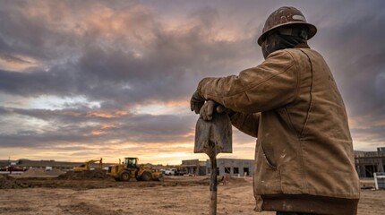 Fototapeta premium Construction workers back close up worker concept. Construction worker holding a shovel, overlooking a building site at sunset.