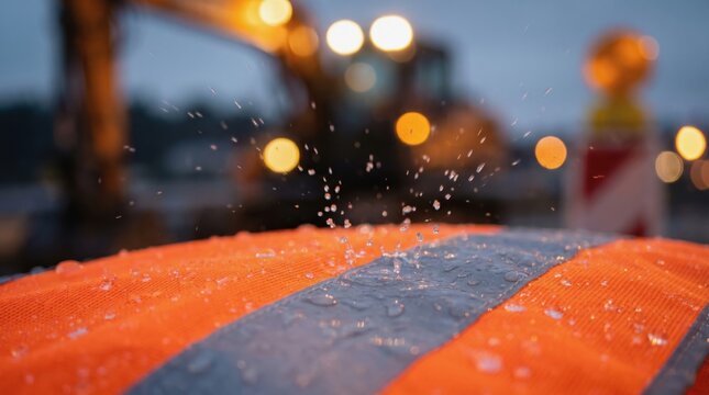 Construction workers back close up worker concept. Close-up of water droplets splashing on an orange reflective safety vest at night