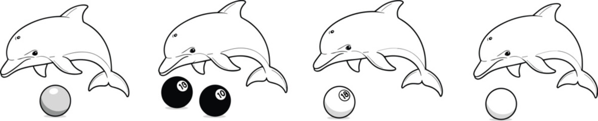 Fototapeta premium Cartoon Dolphin Illustrations Playing with Billiard Balls in Various Poses for Fun, Sport, and Animal Themes