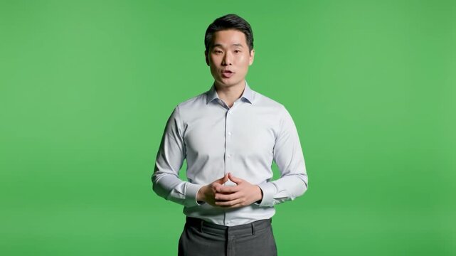 A middle-aged Asian man in business casual attire gestures while speaking, set against a vibrant green background, conveying a sense of professionalis