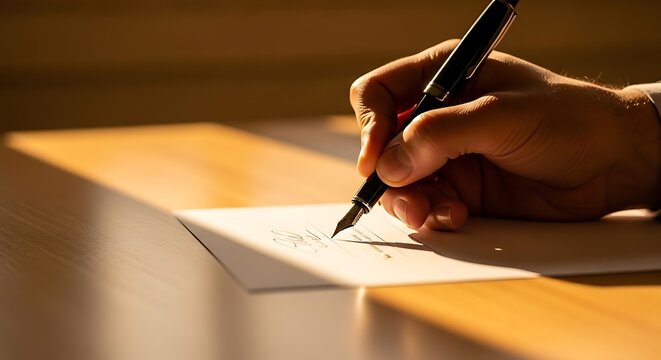 Fountain pen held by a professional hand writes on paper under golden sunlight. This macro shot features beautiful bokeh and sharp focus. Ideal for law firm or notary advertising.
