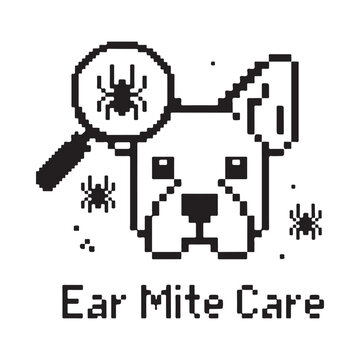 Pixelated illustration of a dog with a magnifying glass and ear mites
