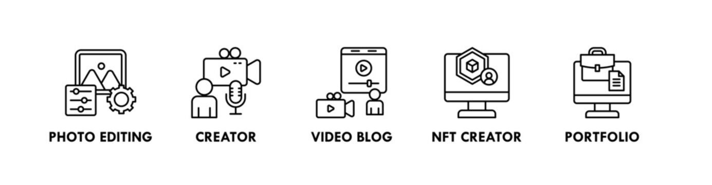 Creator Economy web icon illustration concept with icon of photo editing, creator, video blog, nft creator, and portfolio