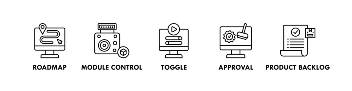 Feature Management web icon illustration concept with icon of roadmap, module control, toggle, approval, and product backlog