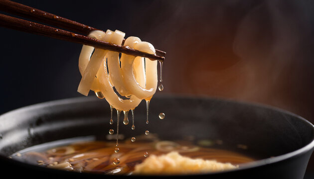 Steaming hot udon noodles are being lifted from a bowl, perfect for food blogs, japanese cuisine articles, restaurant menus.
