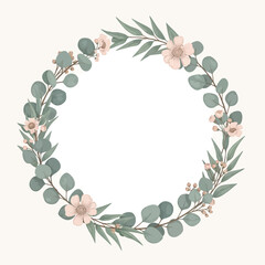 Fototapeta premium Delicate floral wreath with eucalyptus leaves and small flowers.