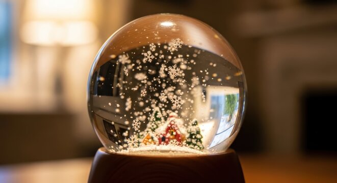 A snow globe with a miniature house and trees sits on a table indoors with falling snowflakes.