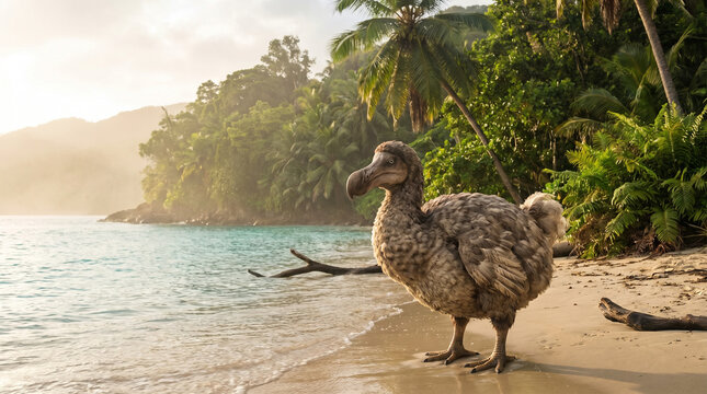 Photorealistic dodo bird standing on a tropical Mauritius beach with polygonal 3D rendering style and lush green jungle background for educational documentaries or travel marketing content