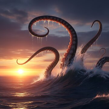 Massive sea creature tentacles emerge from ocean waves during a dramatic sunset