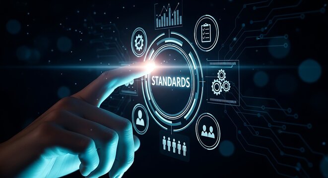 Quality standards interface being touched by a finger in a dark high-tech environment. Features glowing icons, sharp focus, and beautiful bokeh. Ideal for professional quality assurance marketing.