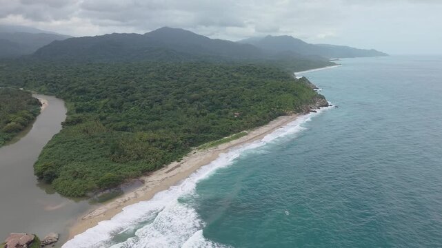 Aerial View of Tayrona National Park River and Coastline in Colombia