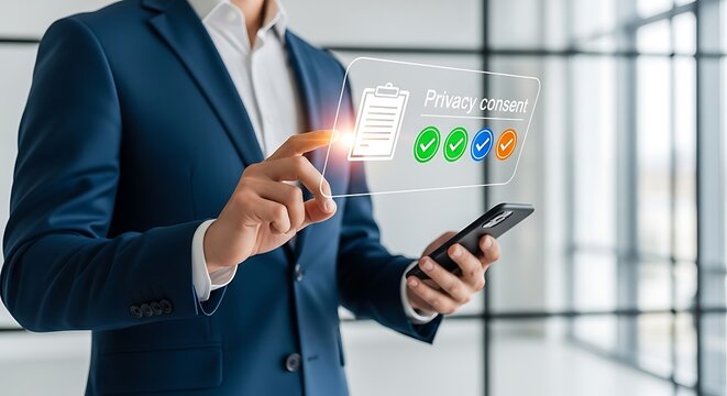 Privacy consent holographic display interacted with by a businessman holding a smartphone. Sharp focus on digital icons and glowing interface. Ideal for corporate data protection marketing.