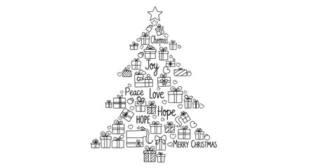 Hand drawn Christmas tree made of gift boxes and festive words. © Watirah_Martodimejo