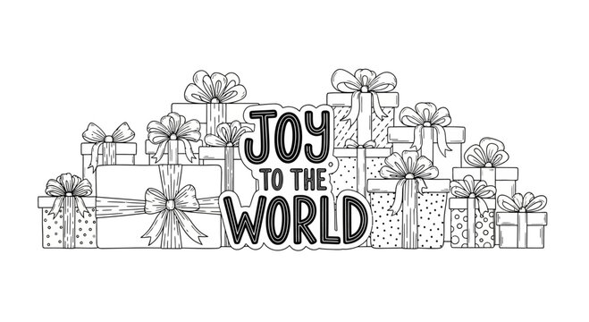 Joy to the World hand drawn lettering with stack of gift boxes.
