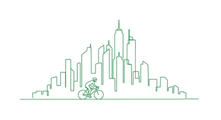 Fototapeta premium Cyclist in Modern City Skyline, Urban Landscape, Eco-Friendly Transportation