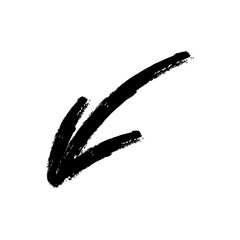 Hand drawn black ink arrow pointing down and left vector illustration with brush stroke texture on transparent background for creative highlighting and marking direction in graphic designs. © MDISMAIL