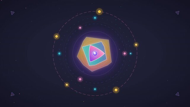Abstract geometric shapes morph and rotate in a colorful cosmic display with orbiting lights and particles