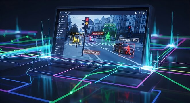 Sophisticated computer vision software processes real time urban traffic data on a digital display