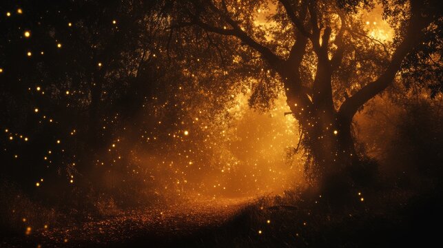 Mystical forest path at night, lit by bioluminescent insects