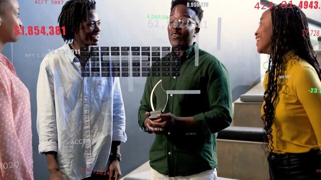 Vertical video: Speaking man in green top honoring peer and handing trophy on stairs with overlays