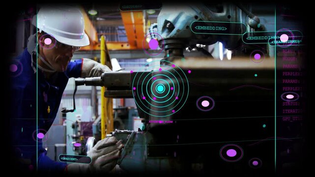 Machinist aligning workpiece pulling lever machining metal under spindle while AR UI pulsing data
