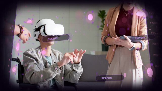 Seated man in wheelchair with VR headset raising hands and tapping wearable, initiating therapy HUD