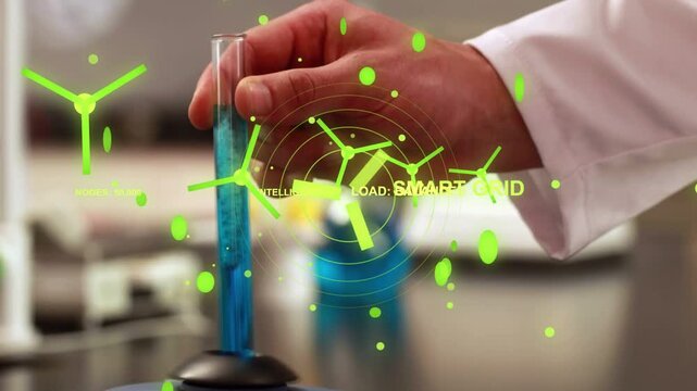 Lab tech gripping, lowering test tube to base while green AR centering visualizing smart grid