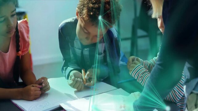 Teal overlay fading, teacher guiding classroom, boy breaking orange crayon, placing bits for craft