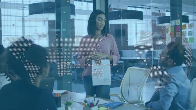 Woman stepping presenting to marketing holding sheet seeking input as transparent overlay appearing