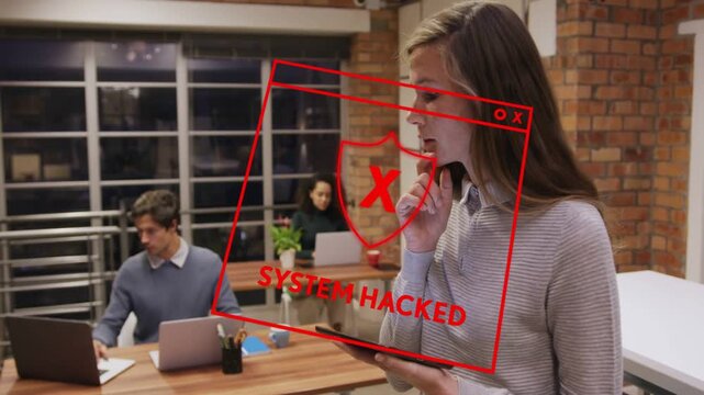 Woman reading tablet looking at screen causing red glitch overlay forming SYSTEM HACKED tech alert