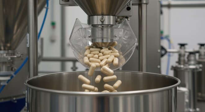 Capsule filling machine producing pharmaceutical pills in industrial manufacturing facility