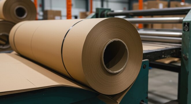 cardboard roll on cutting machine in factory conveyor manufacturing process industry