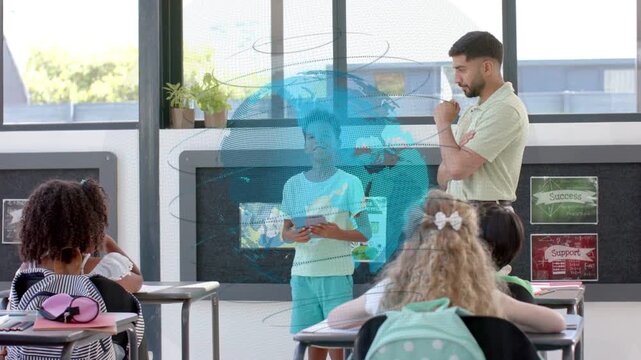 Child initiating classroom presentation by raising paper and gesturing, globe graphic responding