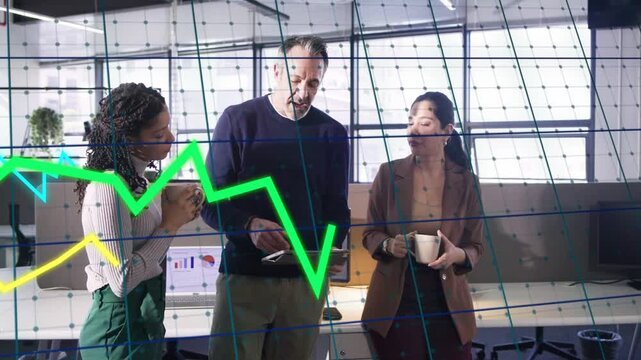 Man tapping tablet and presenting business data, team sipping mugs and watching animated graphs