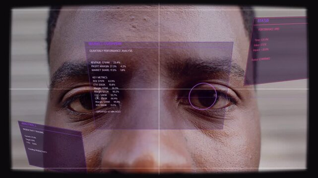 Panel showing man holding steady HUD panels sliding reticle aligning right eye metrics updating biz