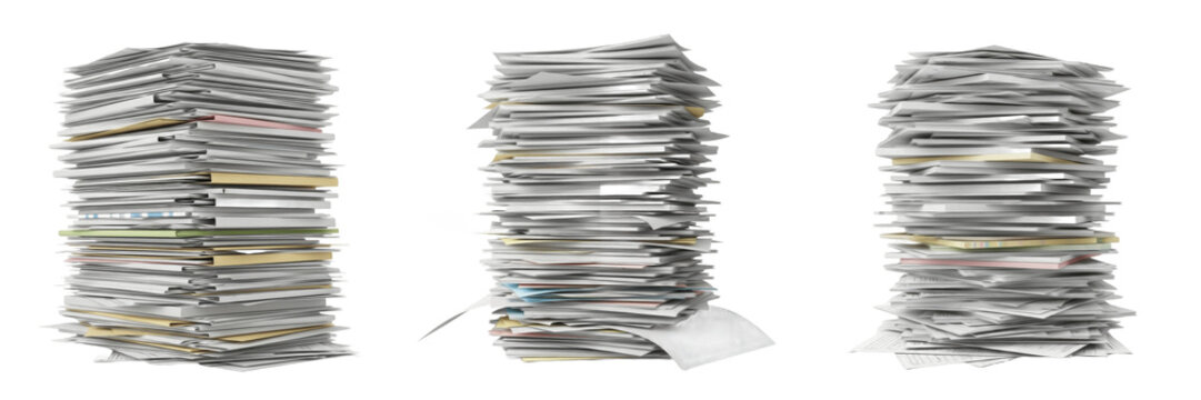 Extremely Tall Stack of White Paper Documents - Concept for Bureaucracy, Information Overload, Administrative Workload, Office Archive Filing, and Business Data Management Challenges.