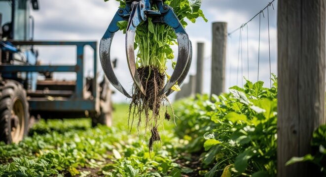 radish harvest machine lifting fresh root vegetables in sunny agricultural field
