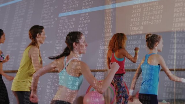 Center woman leading high knees while five women shifting barre fitness steps, code overlaying