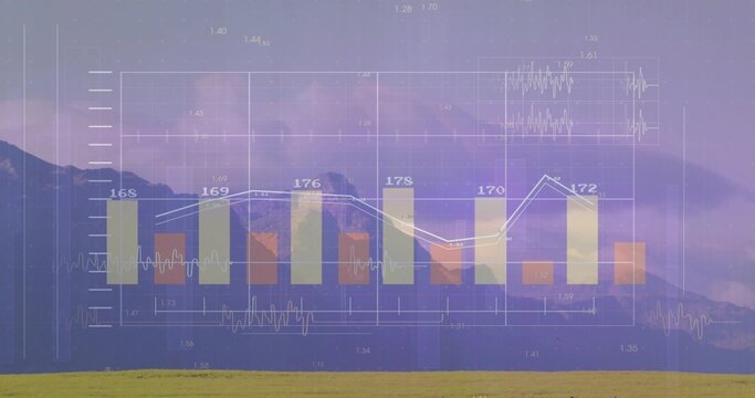 Projecting translucent bar chart and white line over mountain ridges and grassy field, showing grid