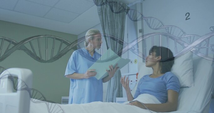 Standing nurse in blue scrubs holding clipboard, patient sitting up in hospital bed, DNA overlay